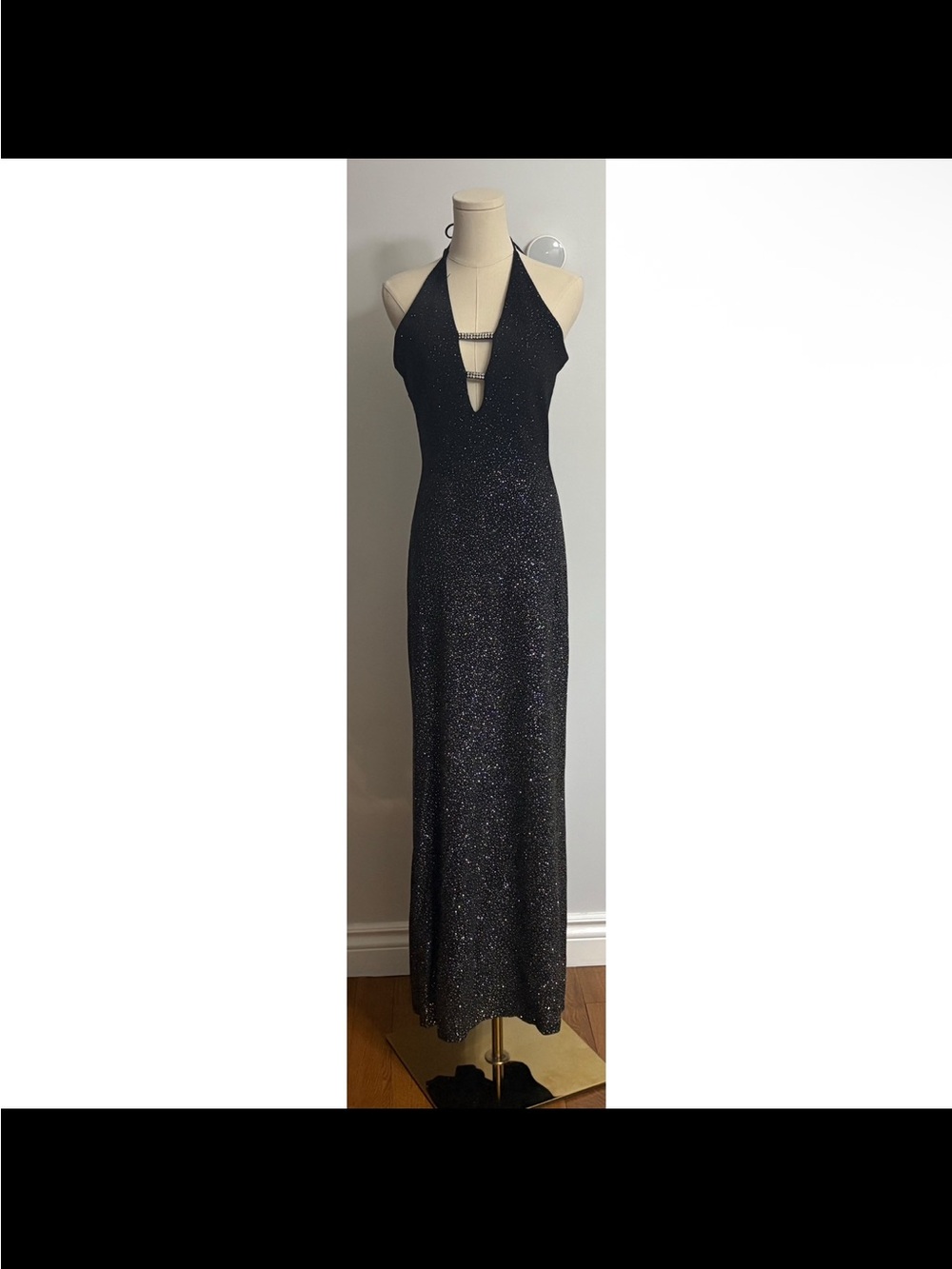 Betsy & Adam Black Sparkle Halter Maxi Dress